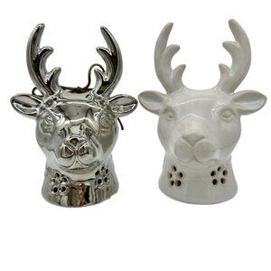 Set of 2 Reindeer Heads 1 Silver 1 White Ceramic 6in Tall x 3in Wide